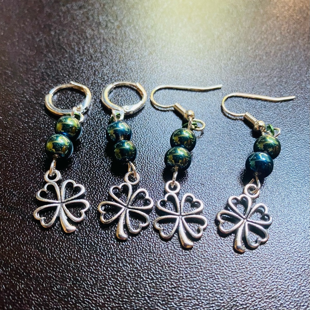 🍀 Hand Crafted 4-Leaf Clover Earrings Charm Handmade Pierced Dangle - Picture 4 of 4